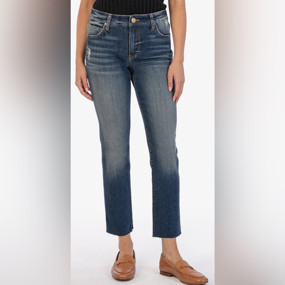 KUT FROM THE KLOTH Reese High Rise Ankle Straight‎ Leg Size 8 Dark Wash Raw Hem